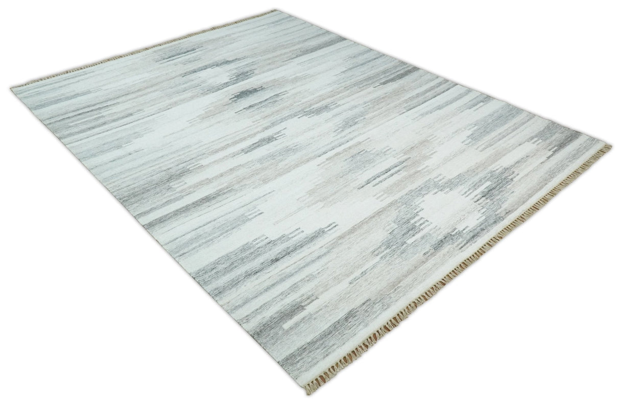 Ivory and Silver fine Wool and Viscose Kilim Rug