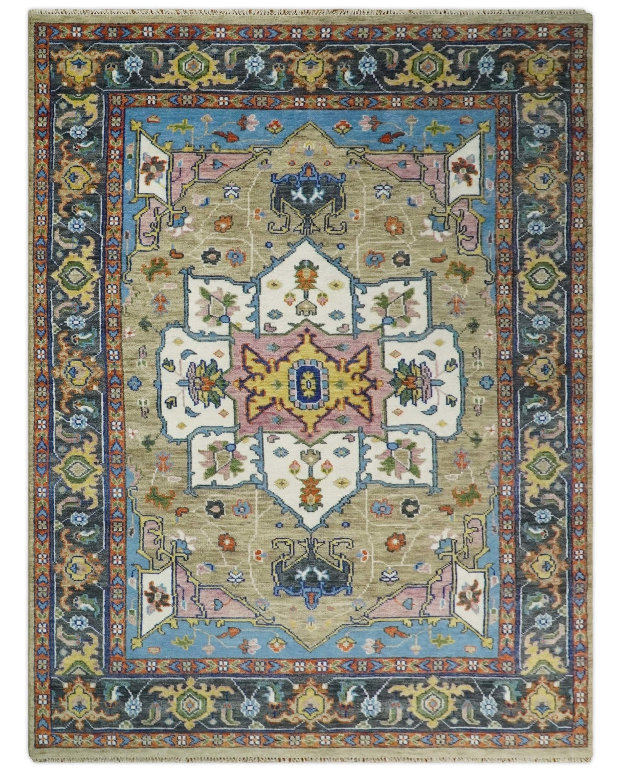 Ivory, Beige, Blue and Charcoal Traditional Heriz Hand Knotted Multi Size Wool Area Rug-Parc Decor