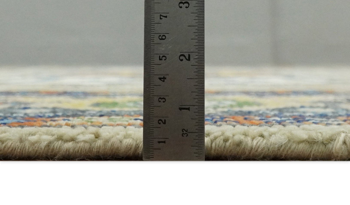 Ivory, Beige, Blue and Charcoal Traditional Heriz Hand Knotted Multi Size Wool Area Rug-Parc Decor