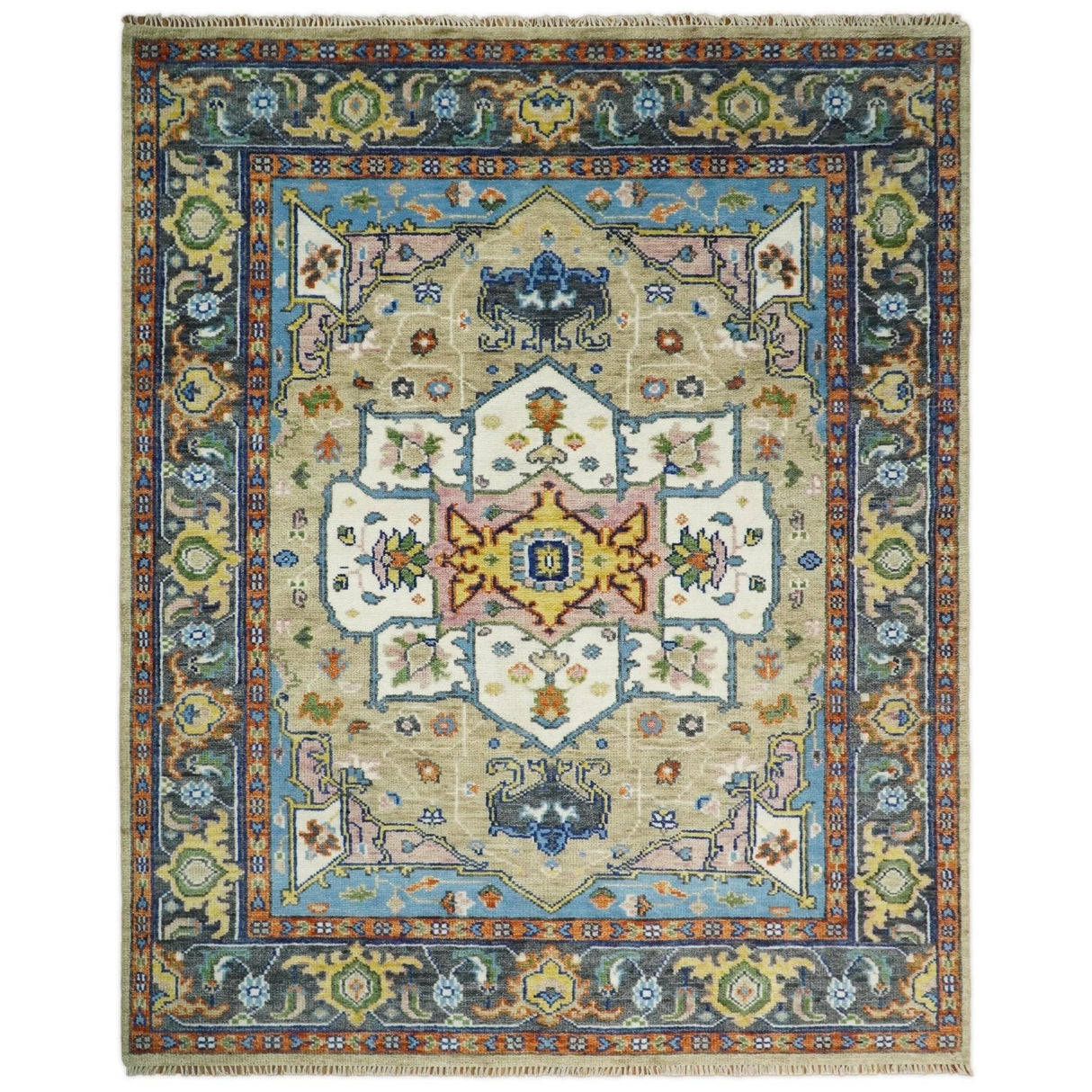 Ivory, Beige, Blue and Charcoal Traditional Heriz Hand Knotted Multi Size Wool Area Rug-Parc Decor