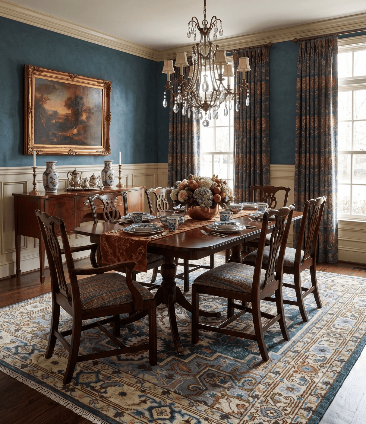 Ivory, Blue, Rust and Beige Hand knotted Traditional Heriz wool Area Rug