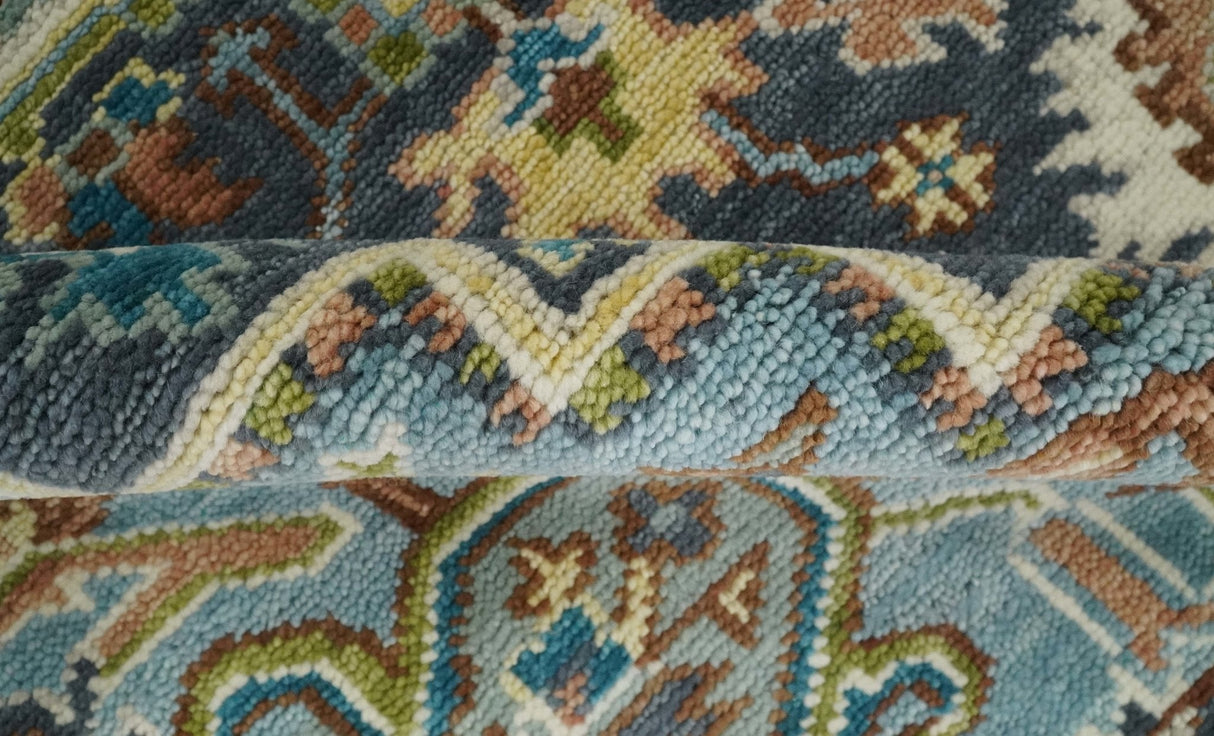 Ivory, Blue, Rust and Beige Hand knotted Traditional Heriz wool Area Rug