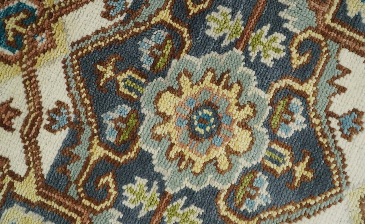 Ivory, Blue, Rust and Beige Hand knotted Traditional Heriz wool Area Rug