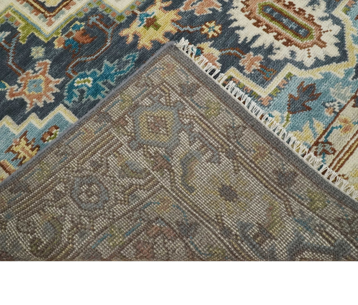 Ivory, Blue, Rust and Beige Hand knotted Traditional Heriz wool Area Rug