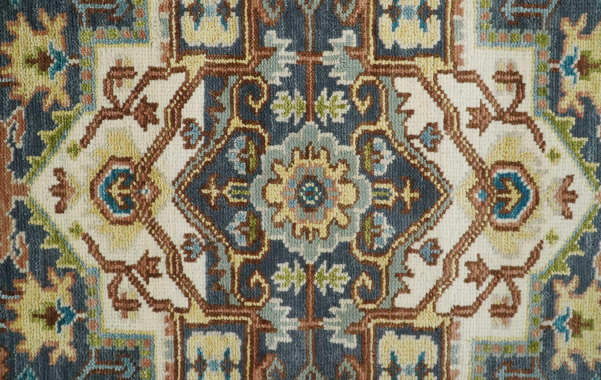 Ivory, Blue, Rust and Beige Hand knotted Traditional Heriz wool Area Rug