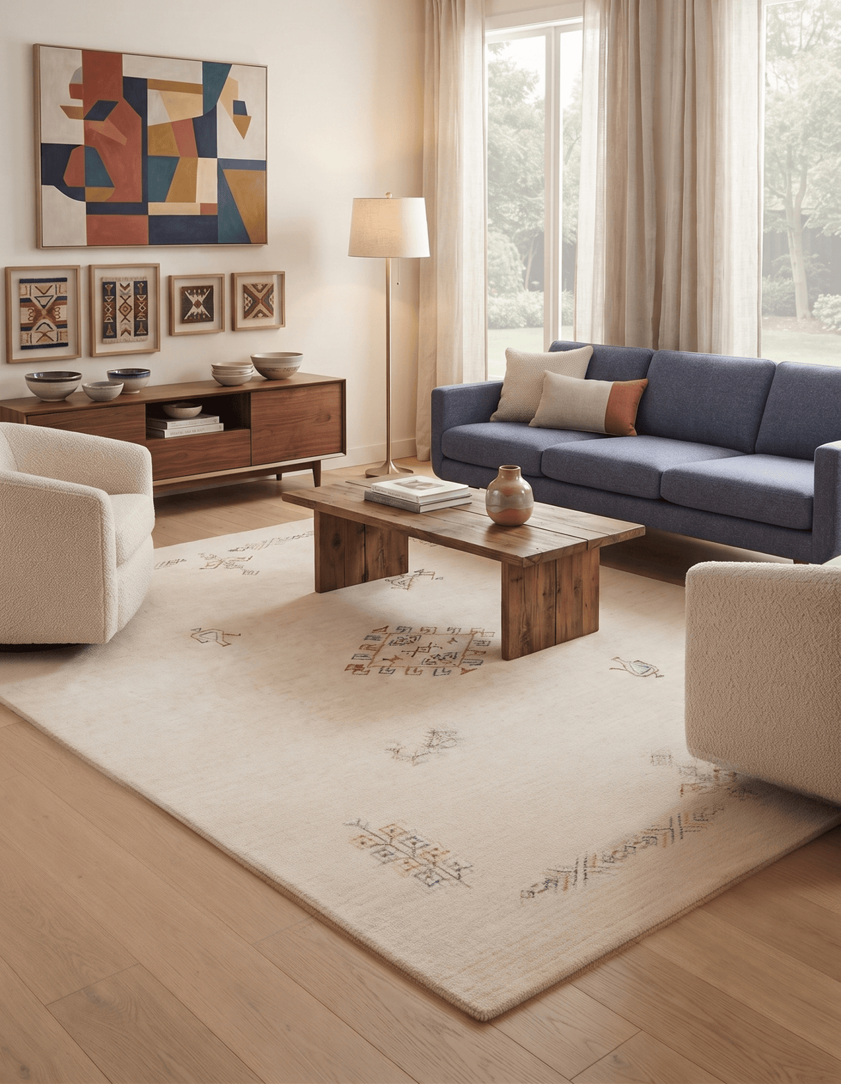 Ivory Border Patterns Hand Loomed Wool Area Rug