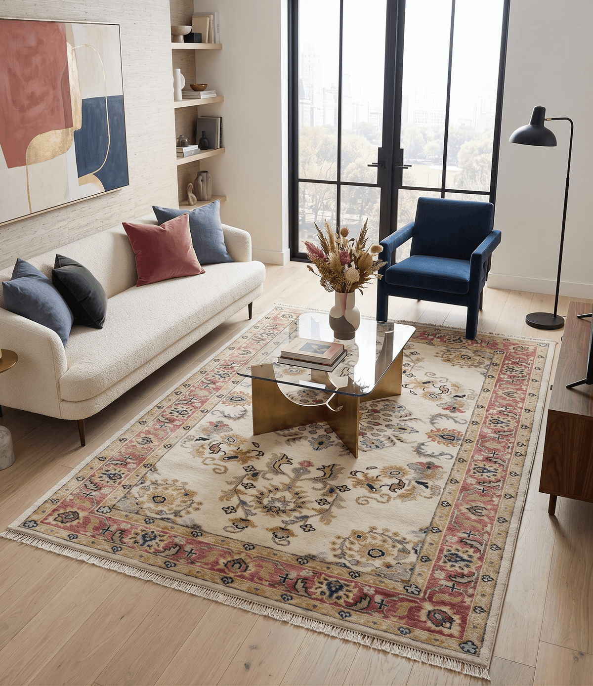 Ivory, Brown, Olive and Charcoal Traditional Heriz Medallion Custom Made Wool Area Rug