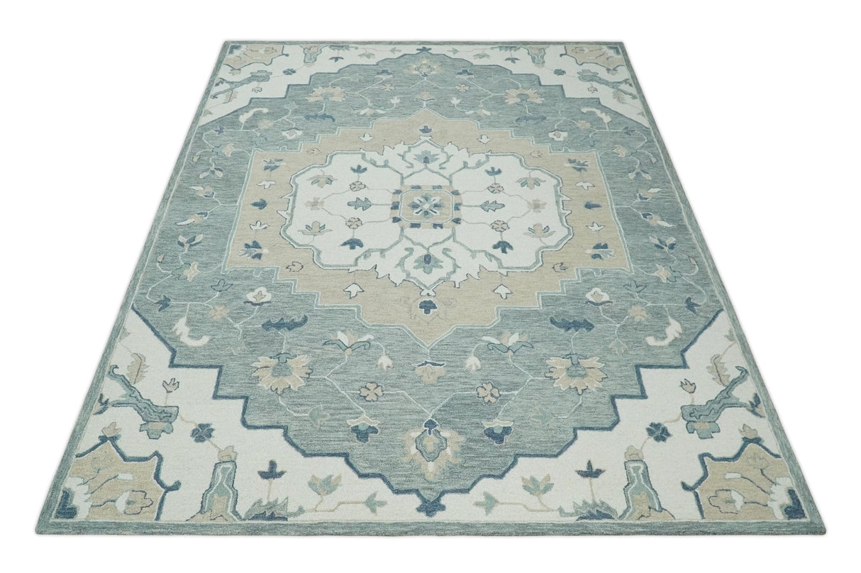 Ivory, Camel and Blue Hand Tufted Traditional Design Wool Area Rug