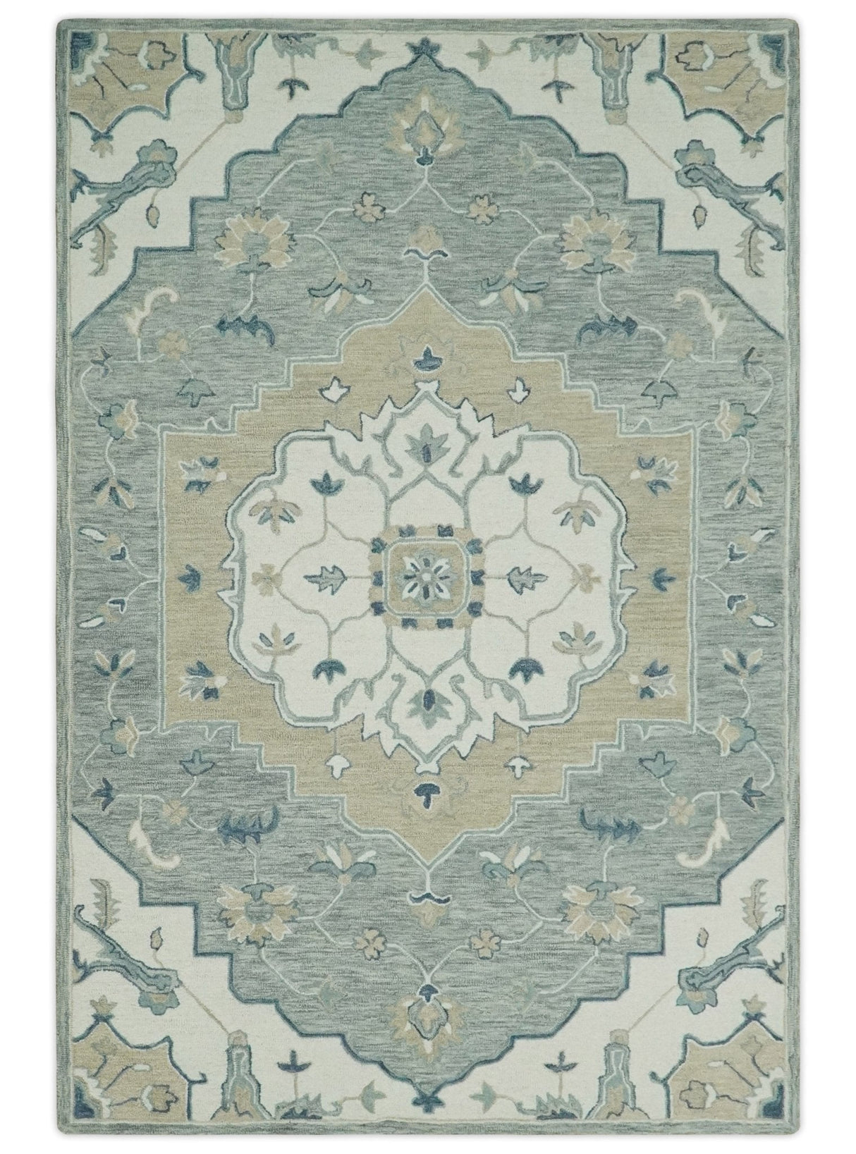 Ivory, Camel and Blue Hand Tufted Traditional Design Wool Area Rug