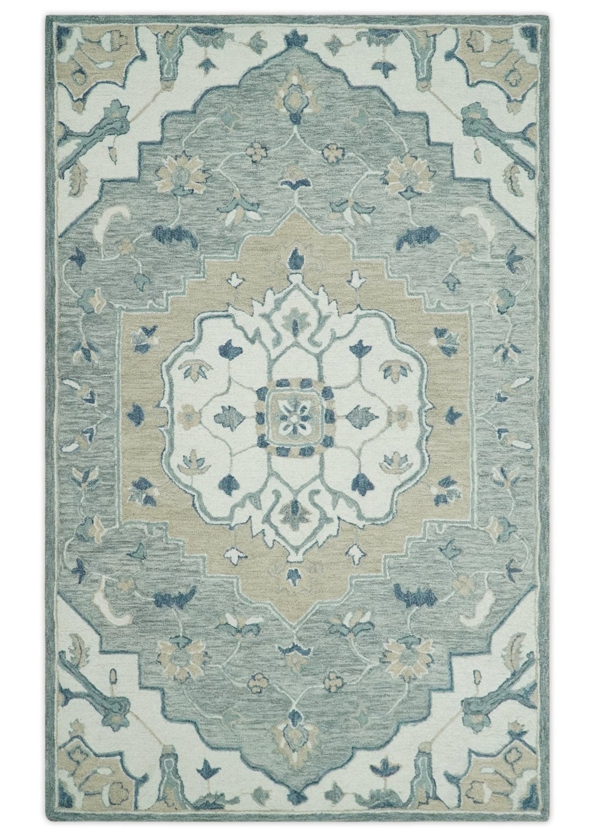 Ivory, Camel and Blue Hand Tufted Traditional Design Wool Area Rug