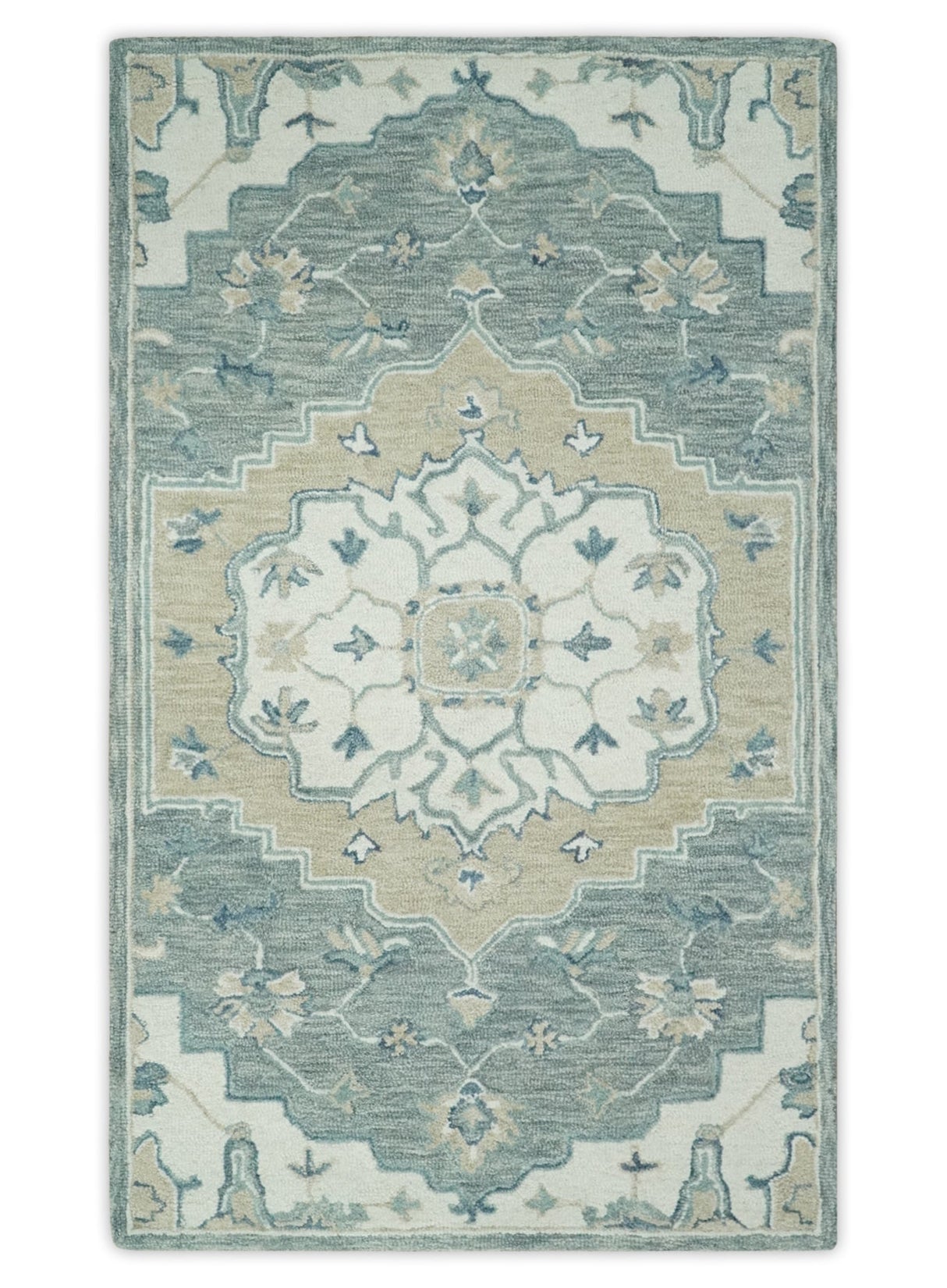 Ivory, Camel and Blue Hand Tufted Traditional Design Wool Area Rug