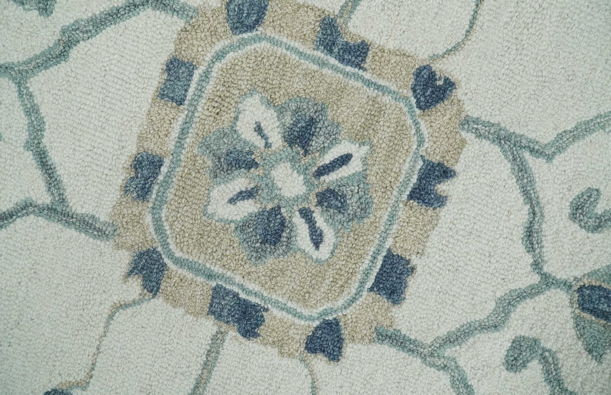 Ivory, Camel and Blue Hand Tufted Traditional Design Wool Area Rug