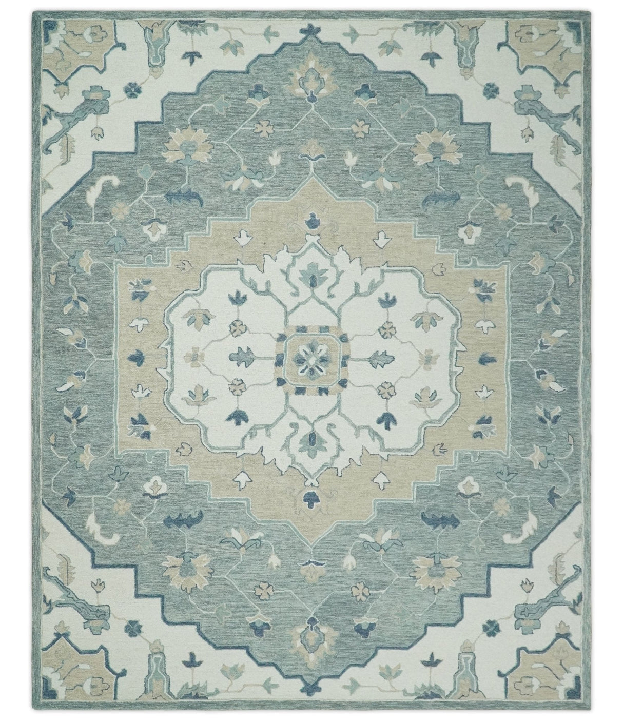 Ivory, Camel and Blue Hand Tufted Traditional Design Wool Area Rug
