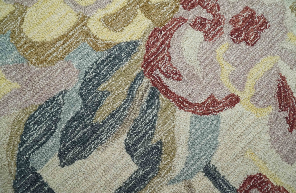 Ivory, Charcoal and Olive Floral Design 8x10 Colorful Hand Tufted wool rug