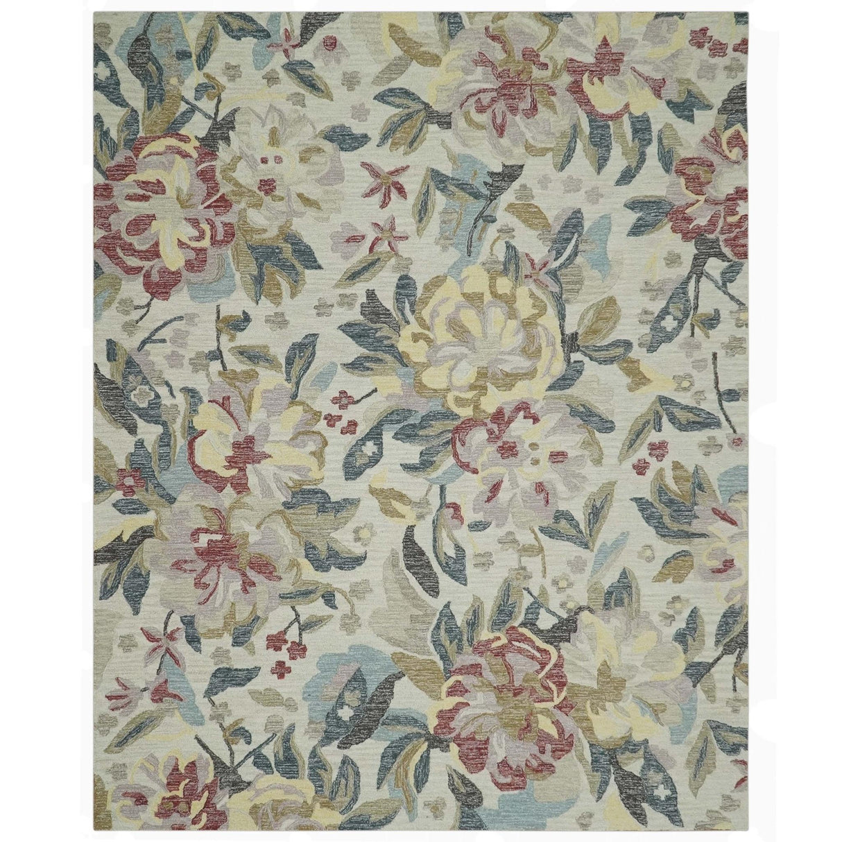 Ivory, Charcoal and Olive Floral Design 8x10 Colorful Hand Tufted wool rug