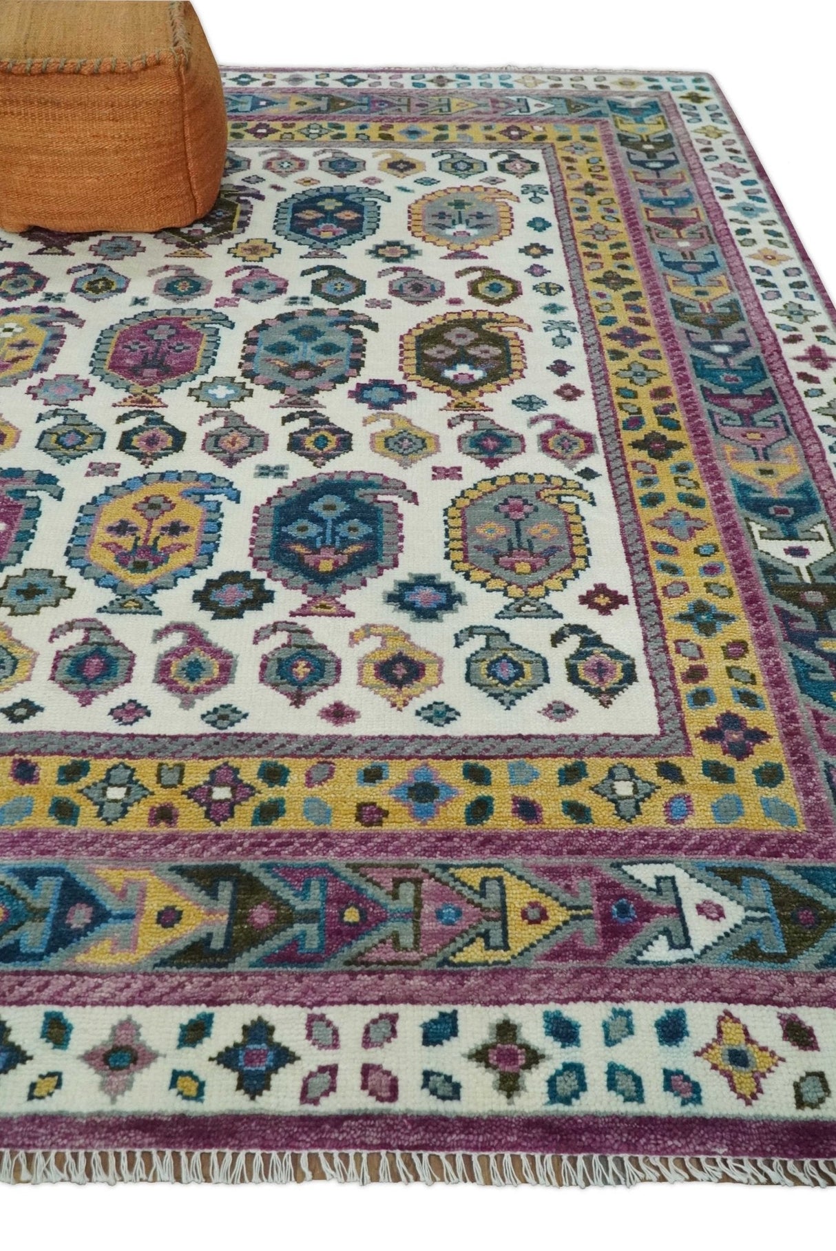 Ivory, Gold and Pink Hand knotted Traditional Design Wool Area Rug