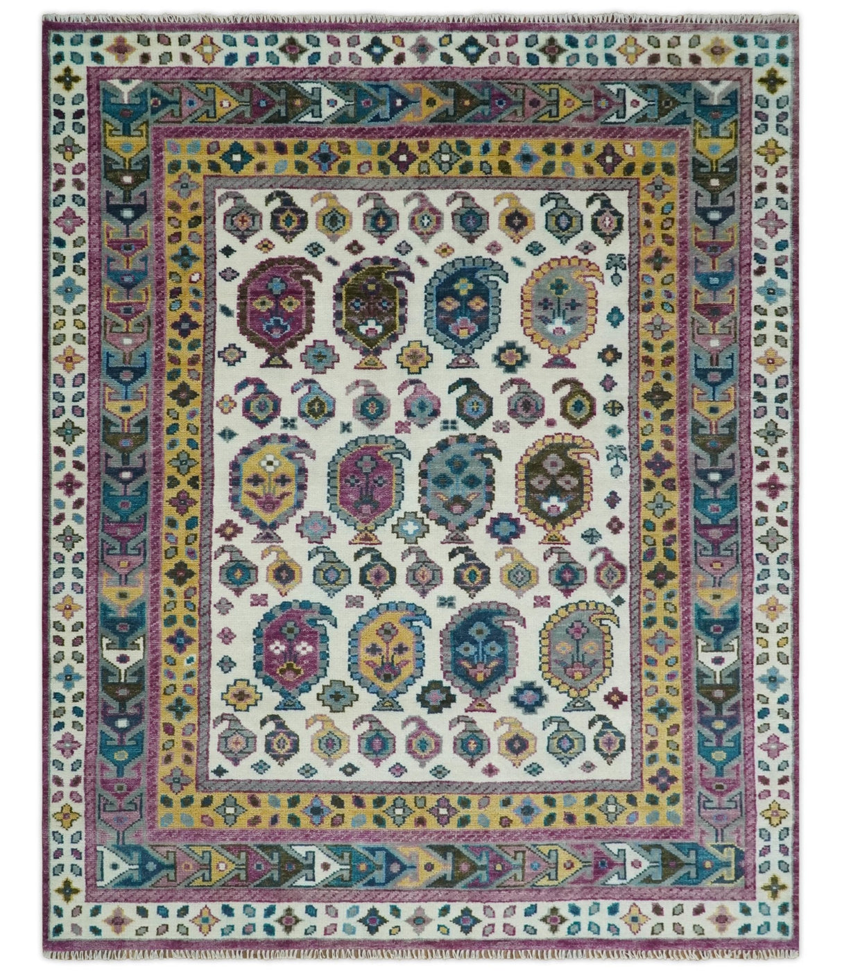 Ivory, Gold and Pink Hand knotted Traditional Design Wool Area Rug