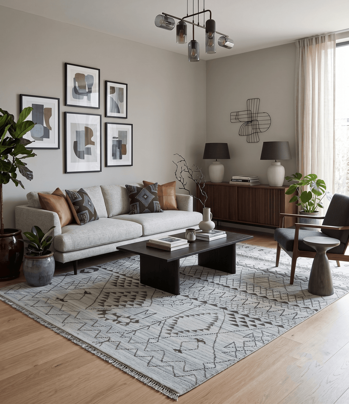 Ivory, Gray and Charcoal Hand Knotted Multi size Southwestern wool area Rug