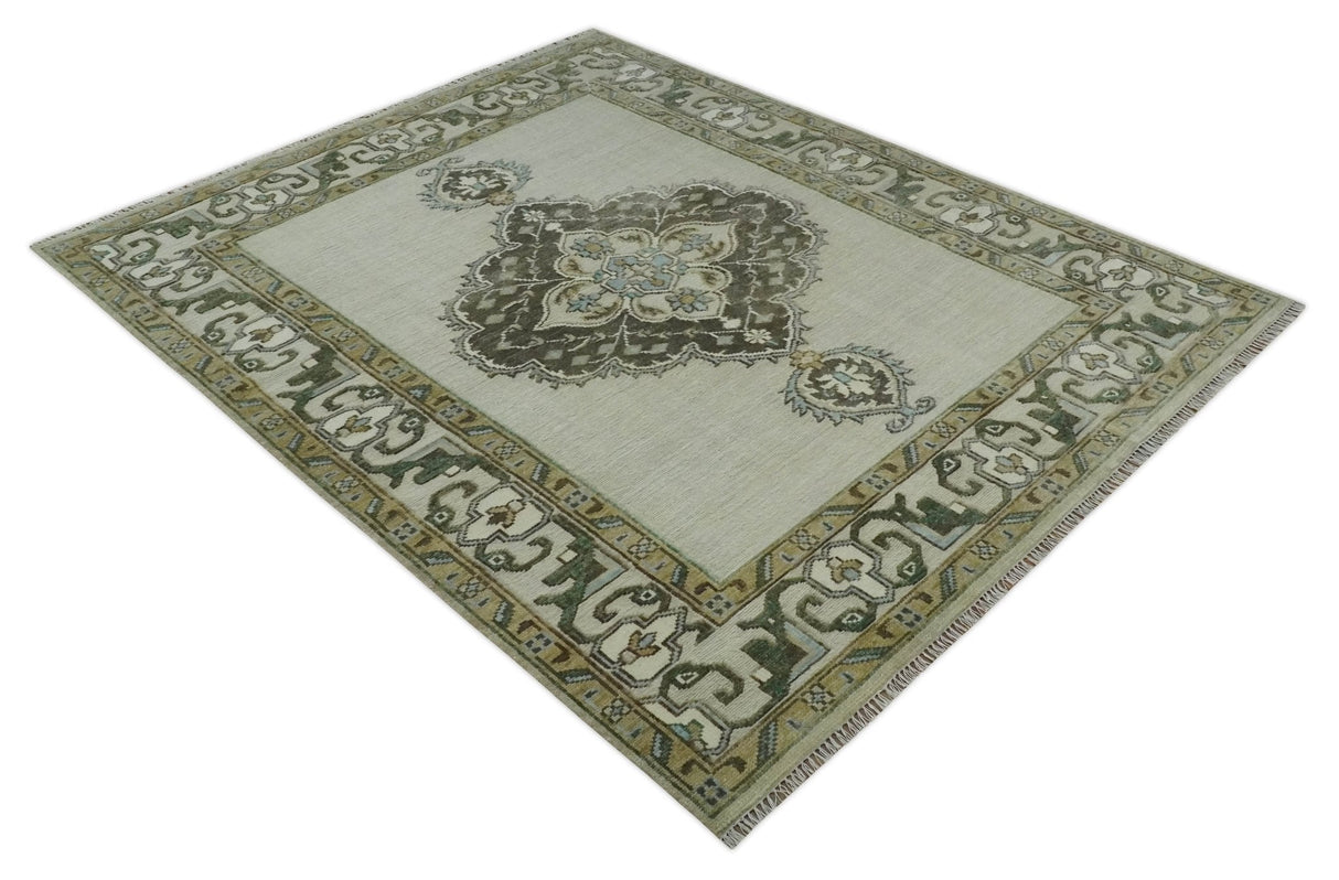Ivory, Green and Beige Traditional Medallion Hand knotted Multi Size wool Area Rug