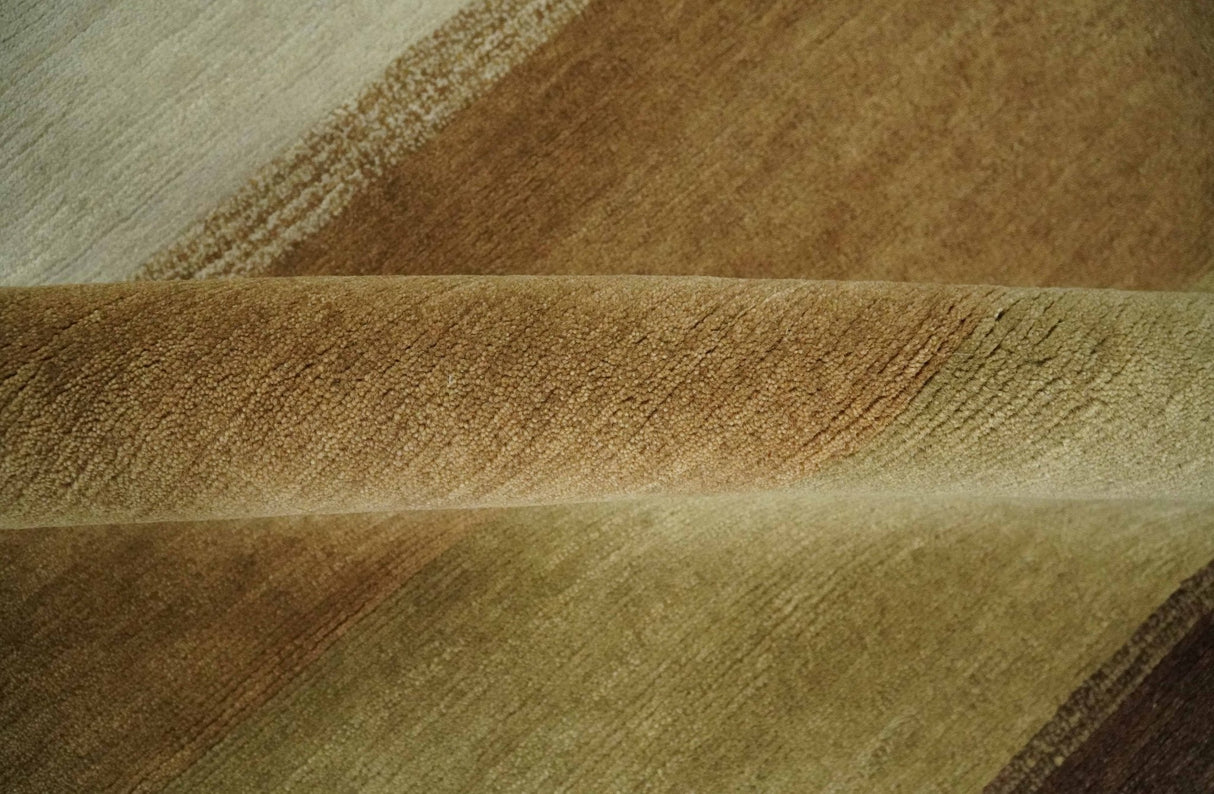 Ivory, Rust, Olive and Brown Modern Geometrical Stripes Hand knotted 5.6x6.6 wool Area Rug