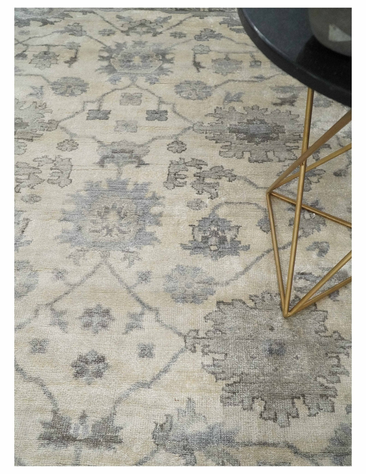 Ivory, Silver and Charcoal 8x10 Hand Knotted All Bamboo Silk Fine Oushak Area Rug
