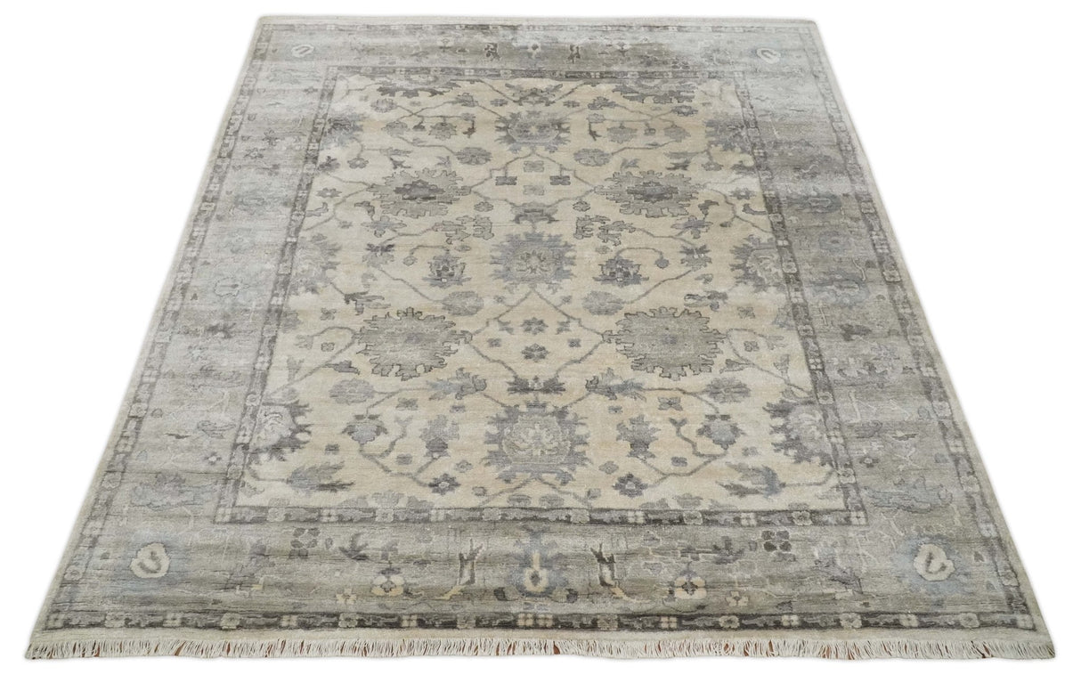 Ivory, Silver and Charcoal 8x10 Hand Knotted All Bamboo Silk Fine Oushak Area Rug