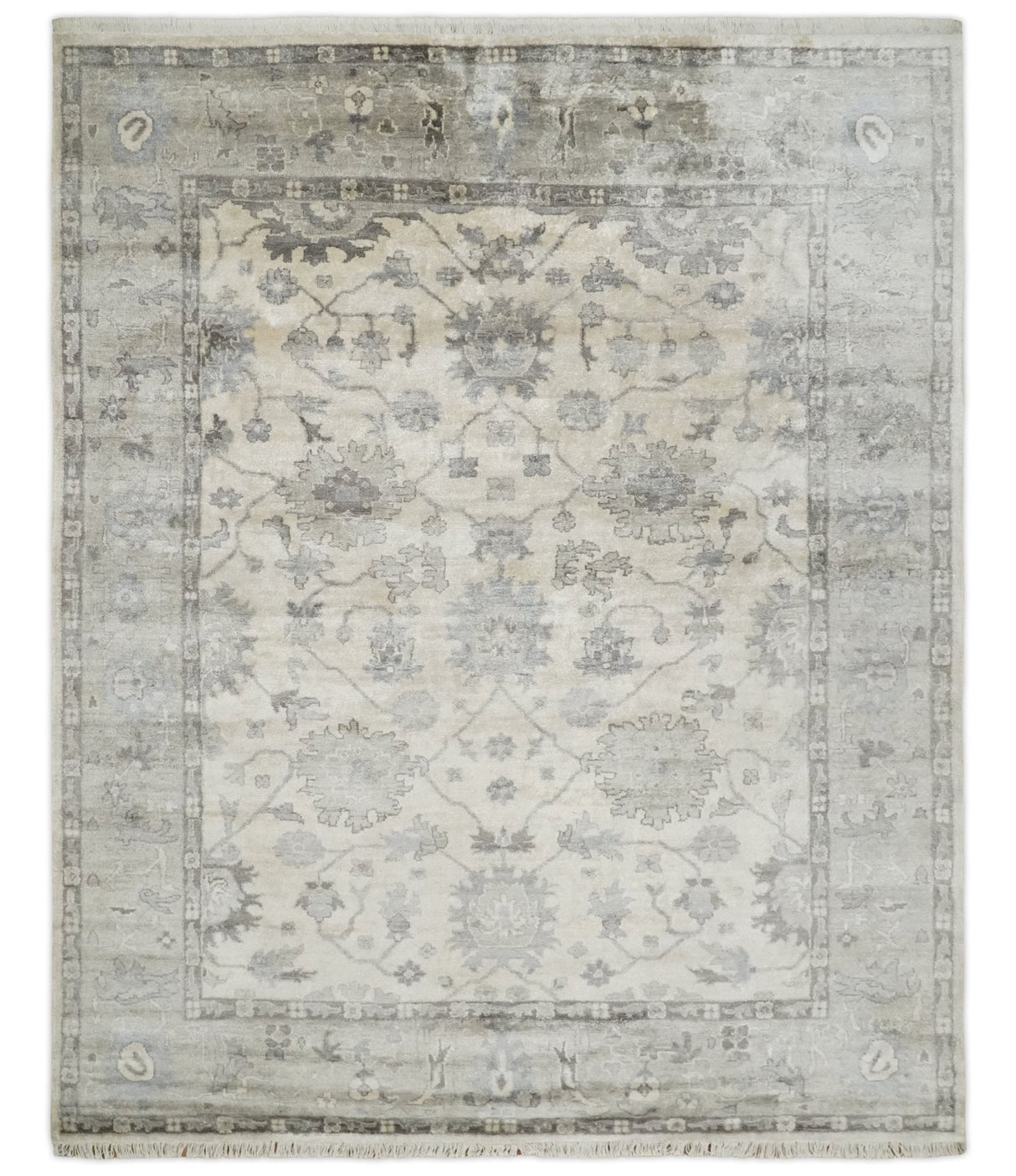 Ivory, Silver and Charcoal 8x10 Hand Knotted All Bamboo Silk Fine Oushak Area Rug