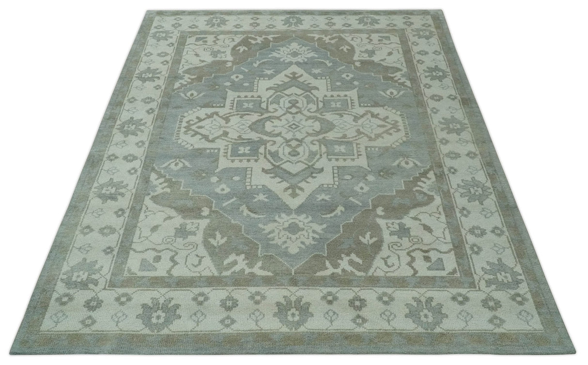 Ivory, Silver and Olive Traditional Heriz Medallion Hand Knotted Multi Size wool Area Rug