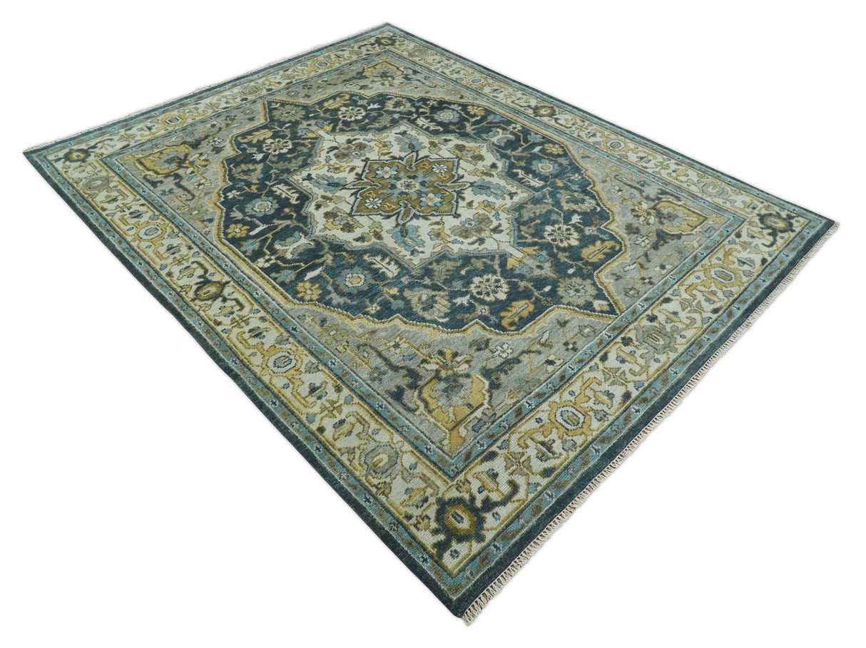 Ivory, Teal, and silver Hand Knotted Traditional Medallion Multi size wool Area Rug