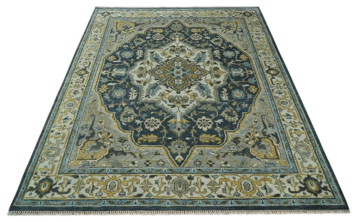Ivory, Teal, and silver Hand Knotted Traditional Medallion Multi size wool Area Rug