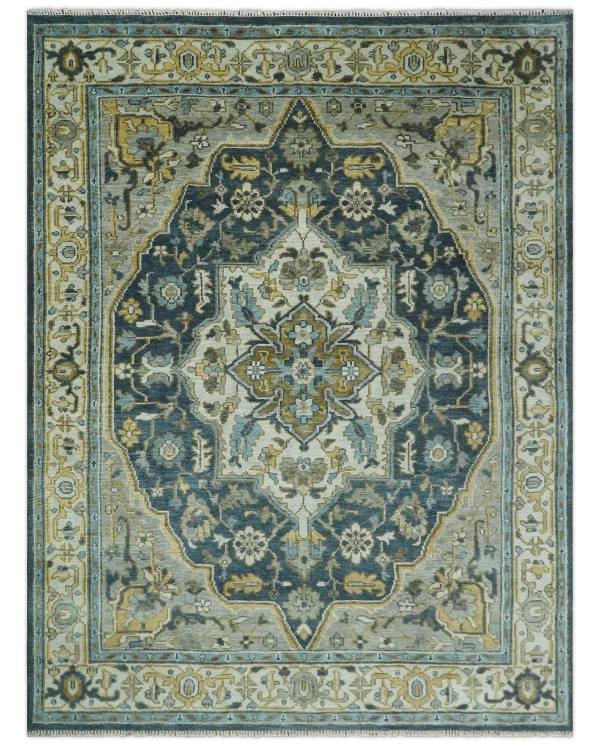 Ivory, Teal, and silver Hand Knotted Traditional Medallion Multi size wool Area Rug