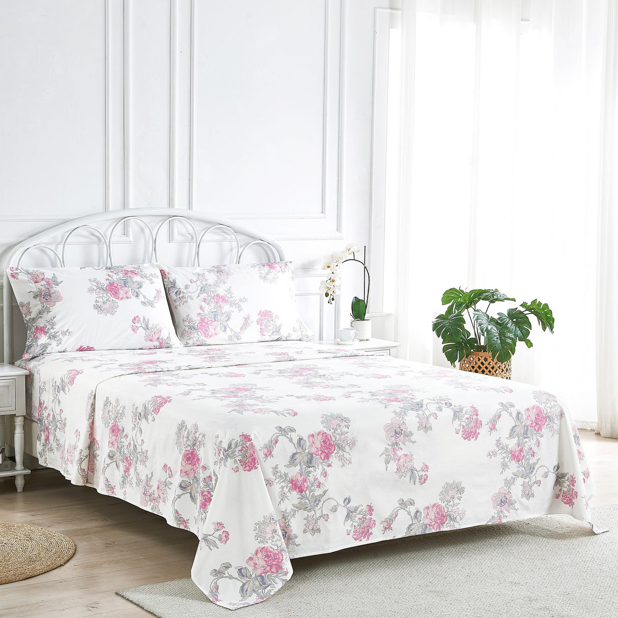 Jardin De Rose Printed Cotton Percale Sheet Set-Bed Sheets-Parc Decor