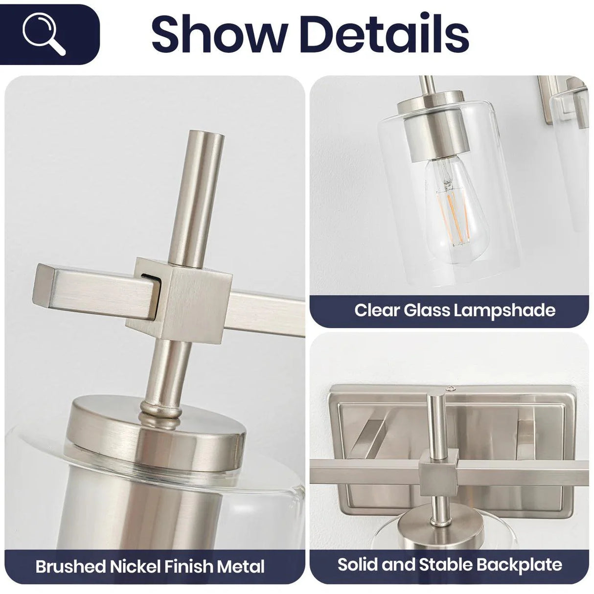 Jasper 3-Light Modern Clear Glass Bathroom Vanity Light, Black & Nickel-壁灯-Parc Decor