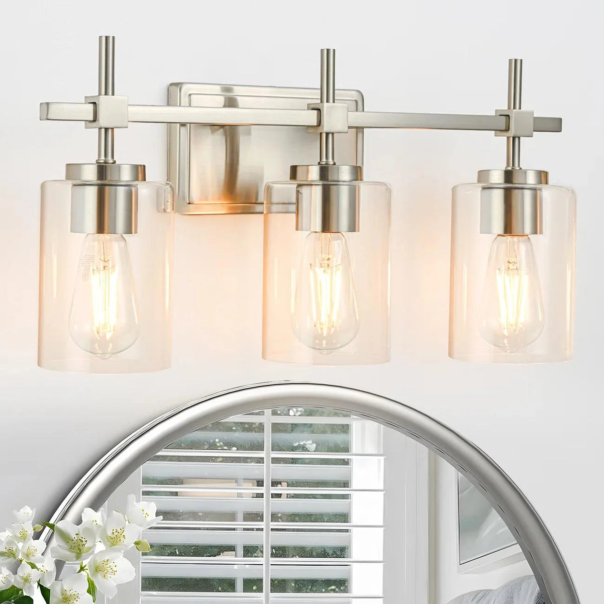 Jasper 3-Light Modern Clear Glass Bathroom Vanity Light, Black & Nickel-壁灯-Parc Decor