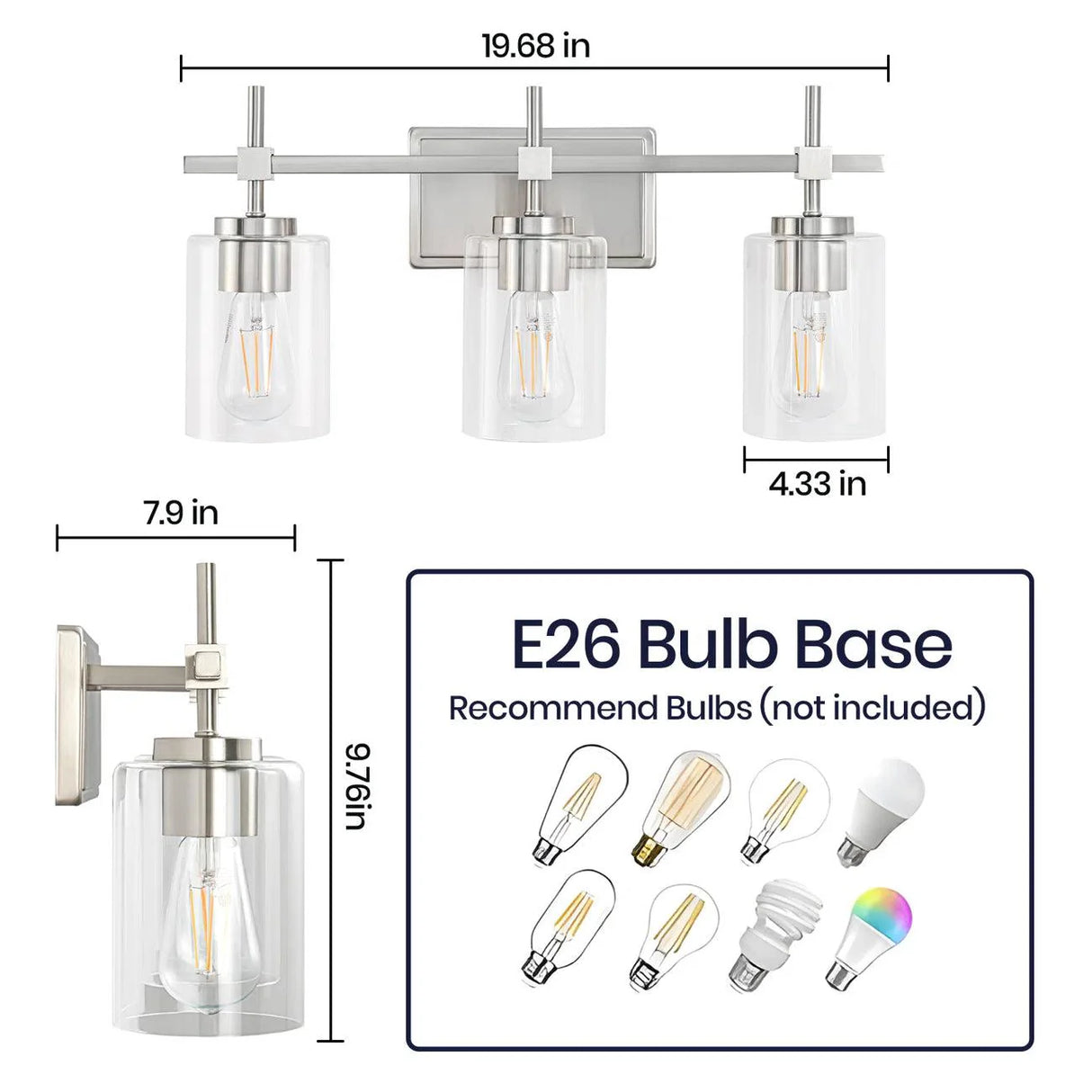 Jasper 3-Light Modern Clear Glass Bathroom Vanity Light, Black & Nickel-壁灯-Parc Decor