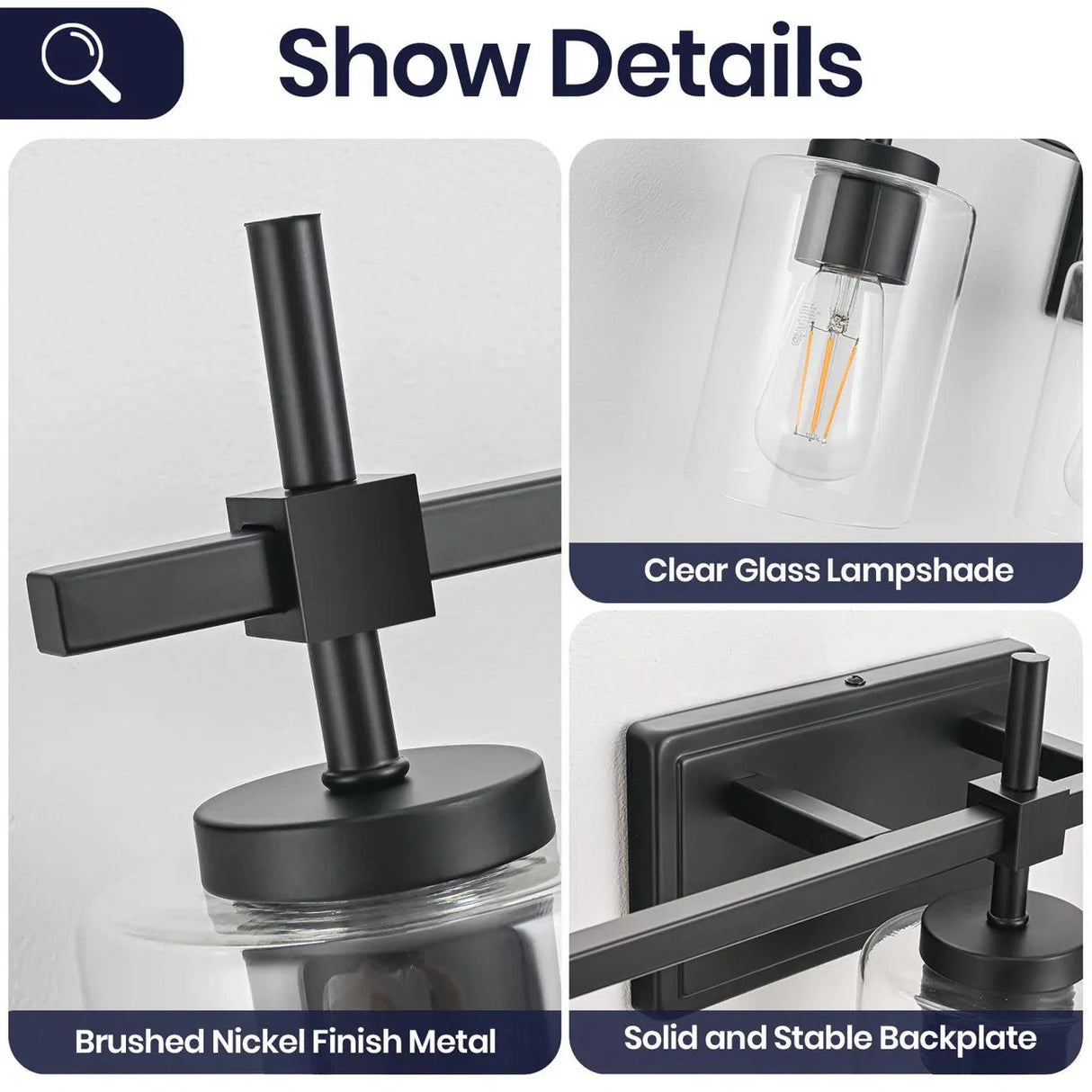 Jasper 3-Light Modern Clear Glass Bathroom Vanity Light, Black & Nickel-壁灯-Parc Decor