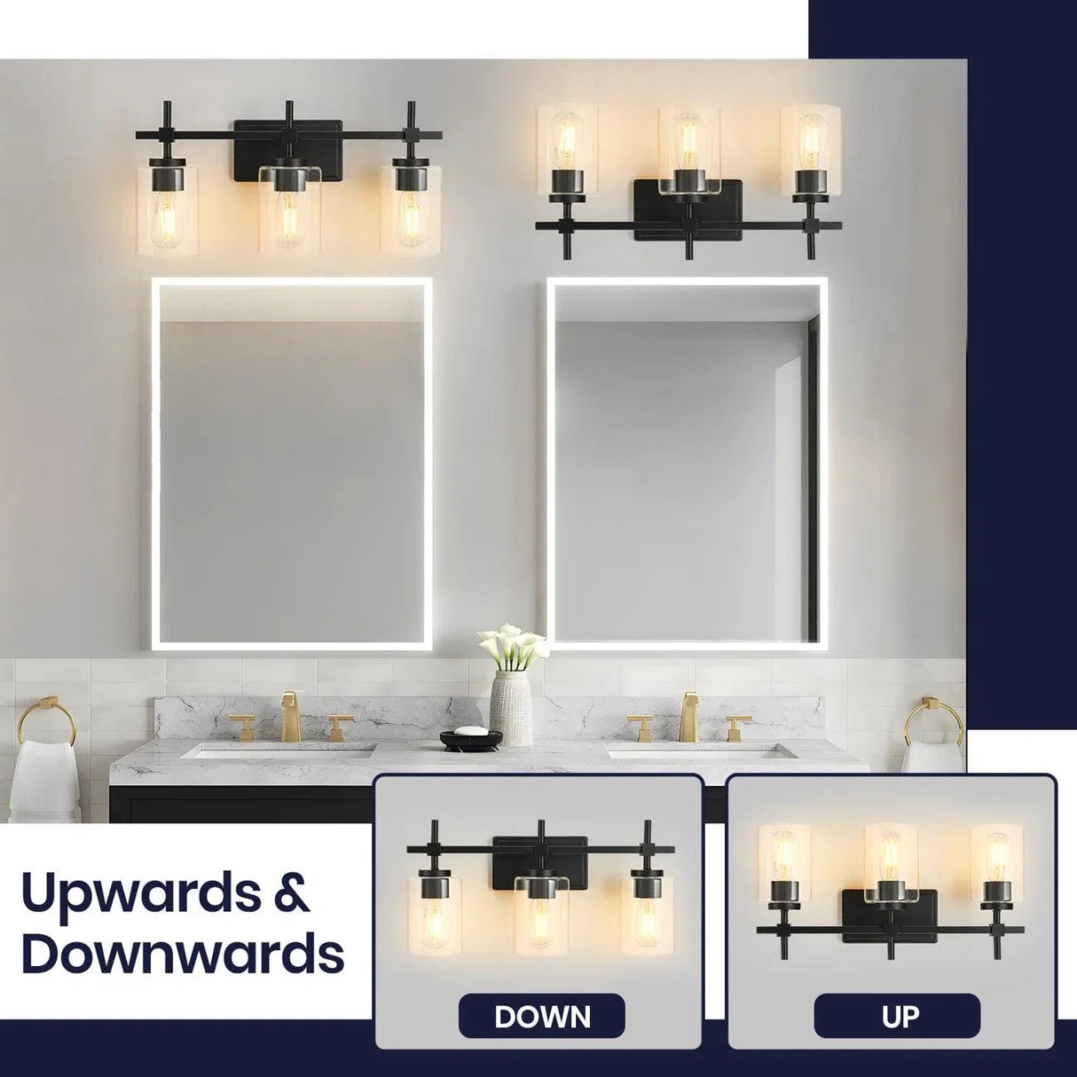 Jasper 3-Light Modern Clear Glass Bathroom Vanity Light, Black & Nickel-壁灯-Parc Decor