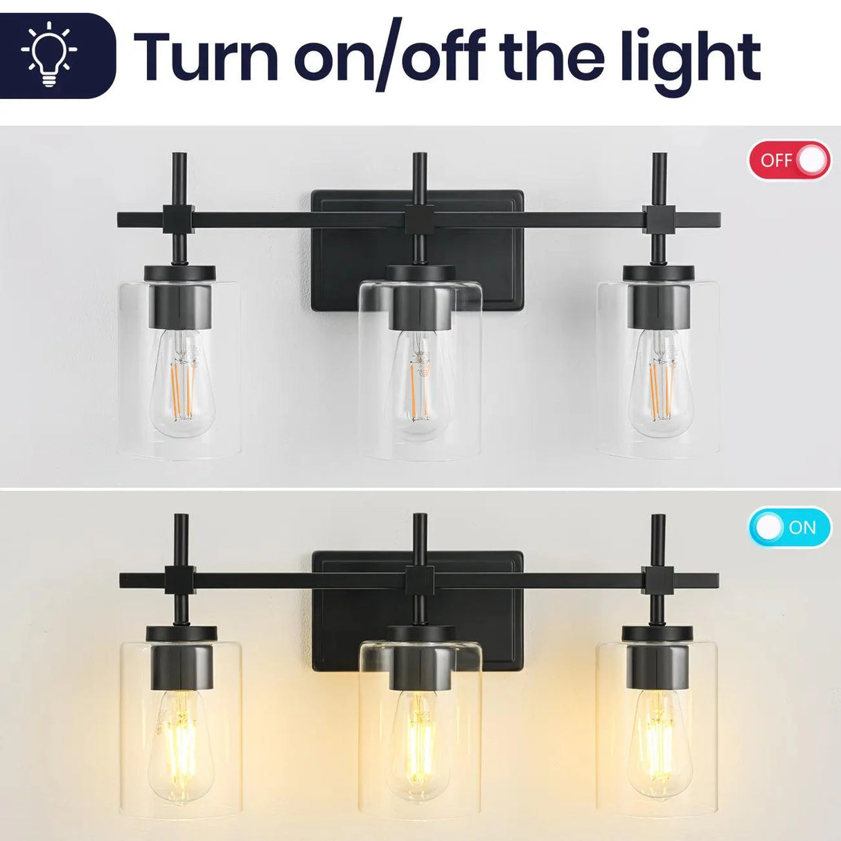 Jasper 3-Light Modern Clear Glass Bathroom Vanity Light, Black & Nickel-壁灯-Parc Decor