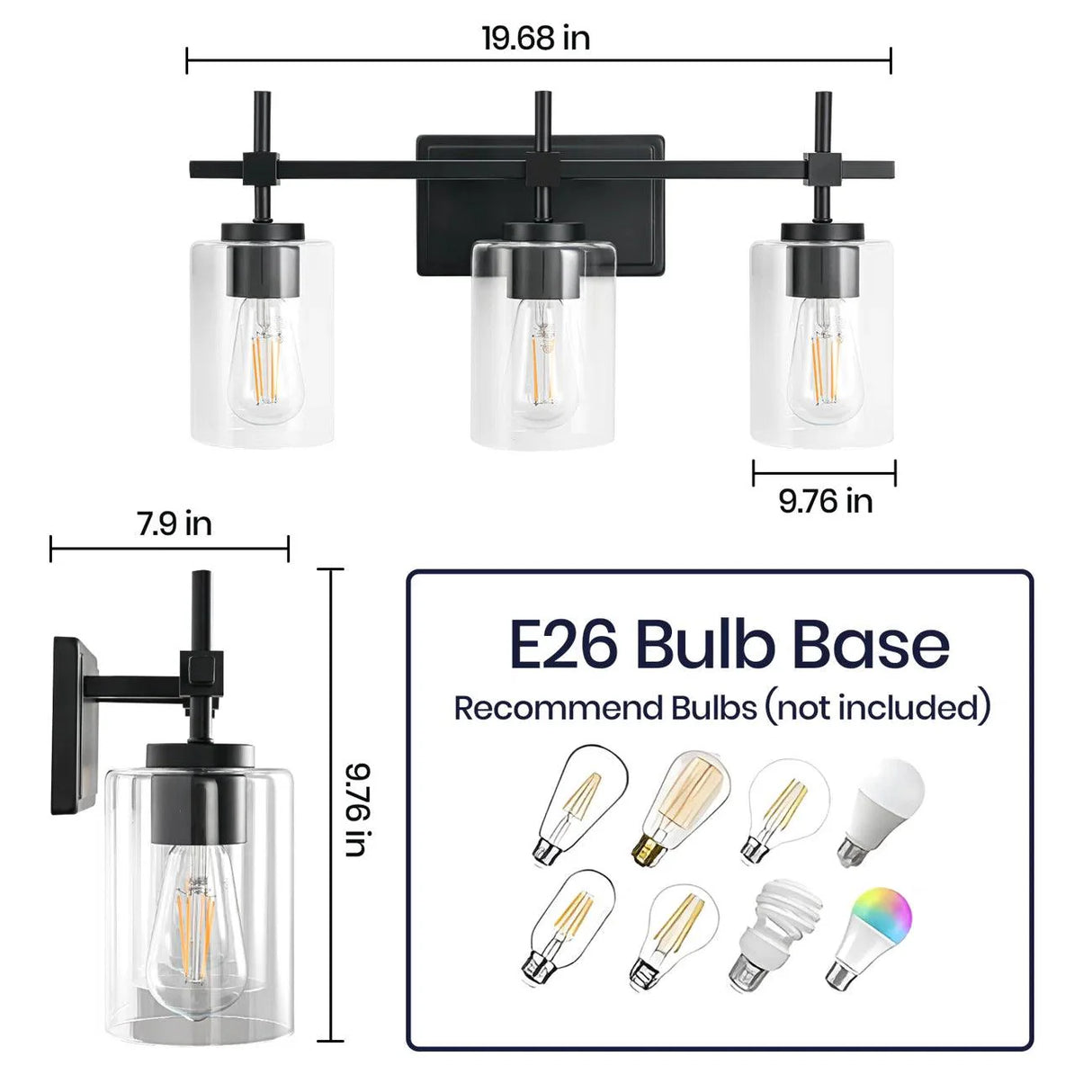 Jasper 3-Light Modern Clear Glass Bathroom Vanity Light, Black & Nickel-壁灯-Parc Decor