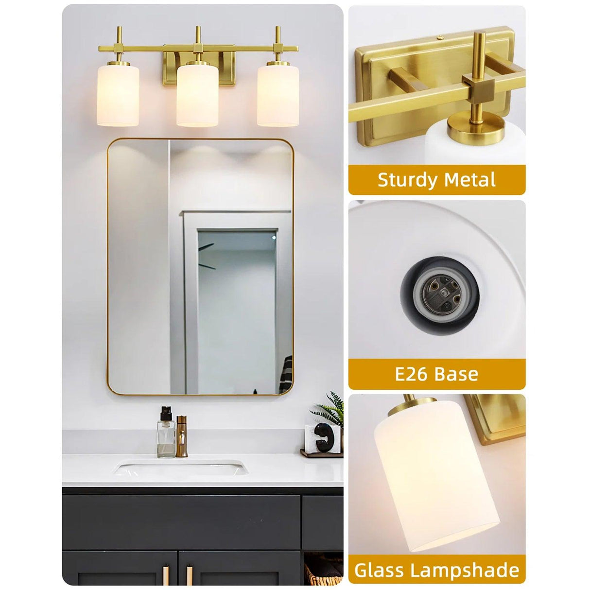 Jasper Gold Modern Frosted Glass 3-Light Bathroom Vanity Light-壁灯-Parc Decor