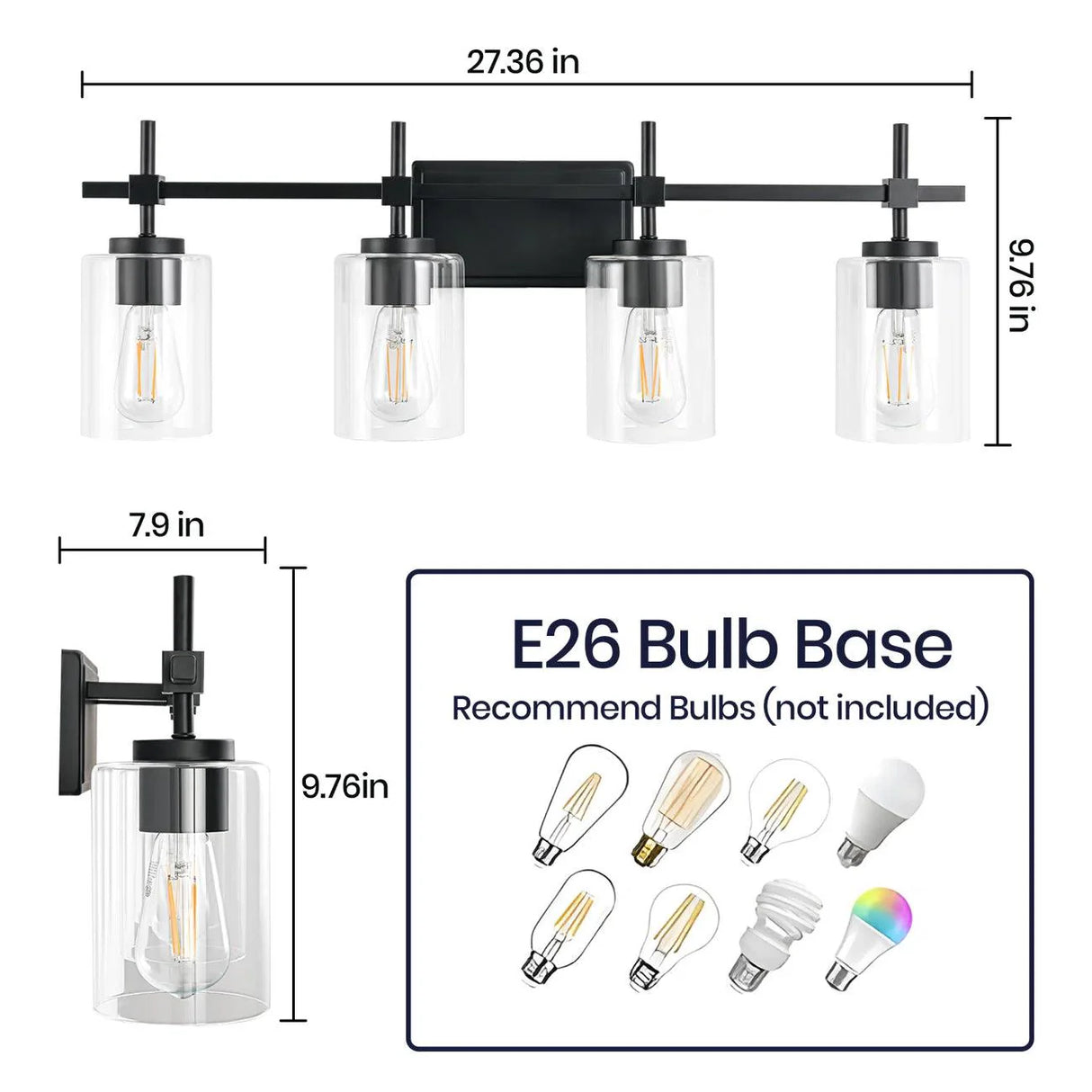 Jasper Modern 4-Light Clear Glass Bathroom Lights Linear Vanity Light-壁灯-Parc Decor