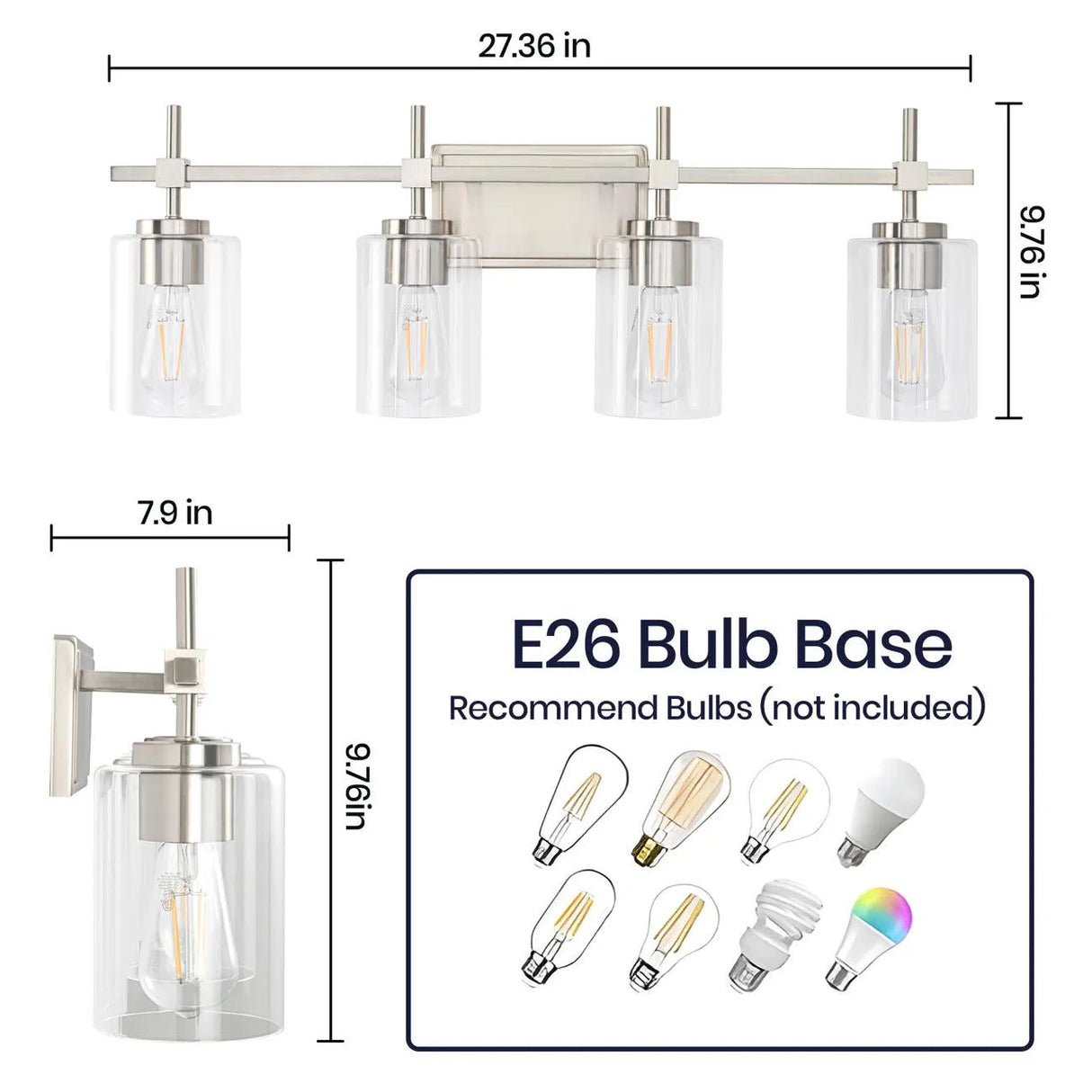 Jasper Modern 4-Light Clear Glass Bathroom Lights Linear Vanity Light-壁灯-Parc Decor