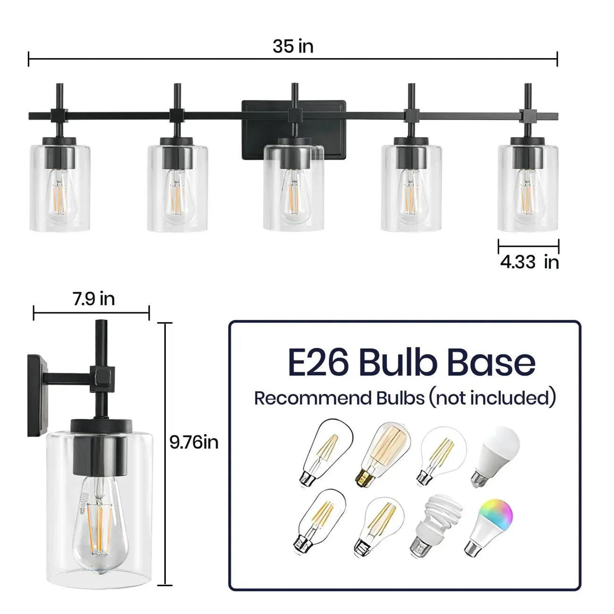 Jasper Modern Brushed Nickel & Black Clear Glass 5-Light Bathroom Linear Vanity Light