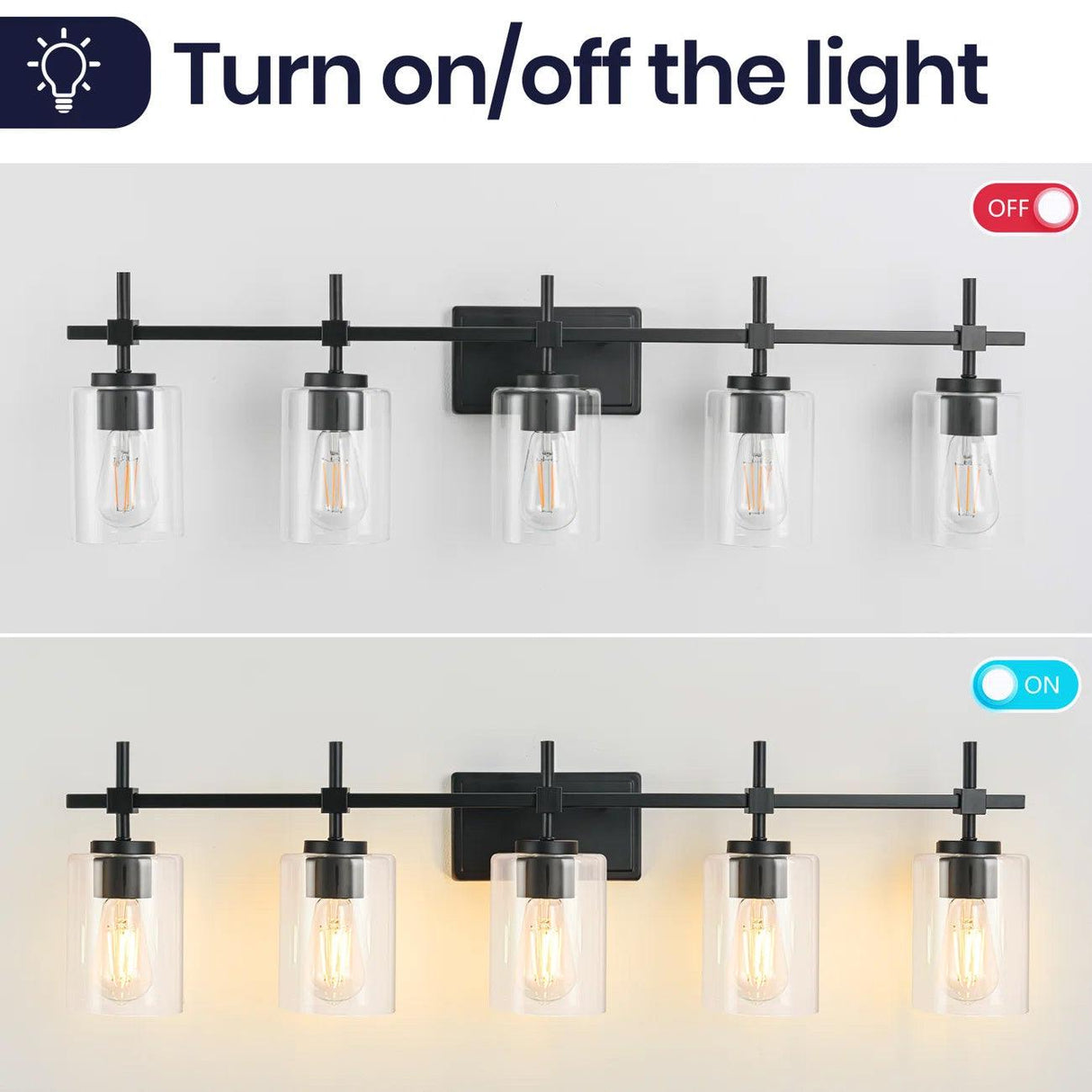 Jasper Modern Brushed Nickel & Black Clear Glass 5-Light Bathroom Linear Vanity Light-壁灯-Parc Decor