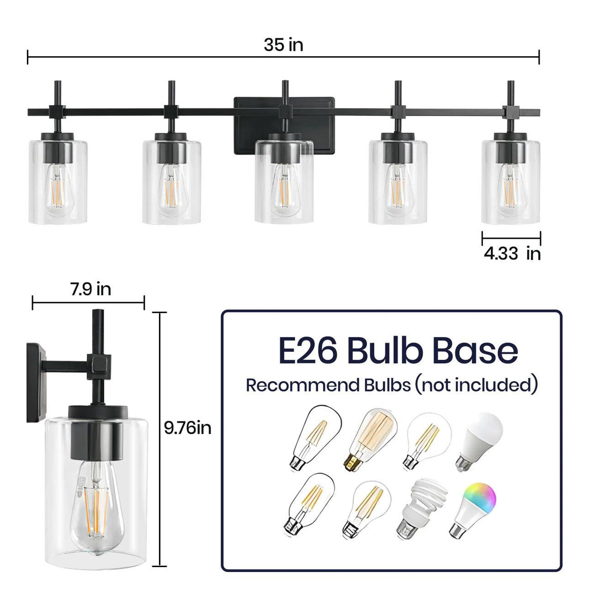 Jasper Modern Brushed Nickel & Black Clear Glass 5-Light Bathroom Linear Vanity Light-壁灯-Parc Decor