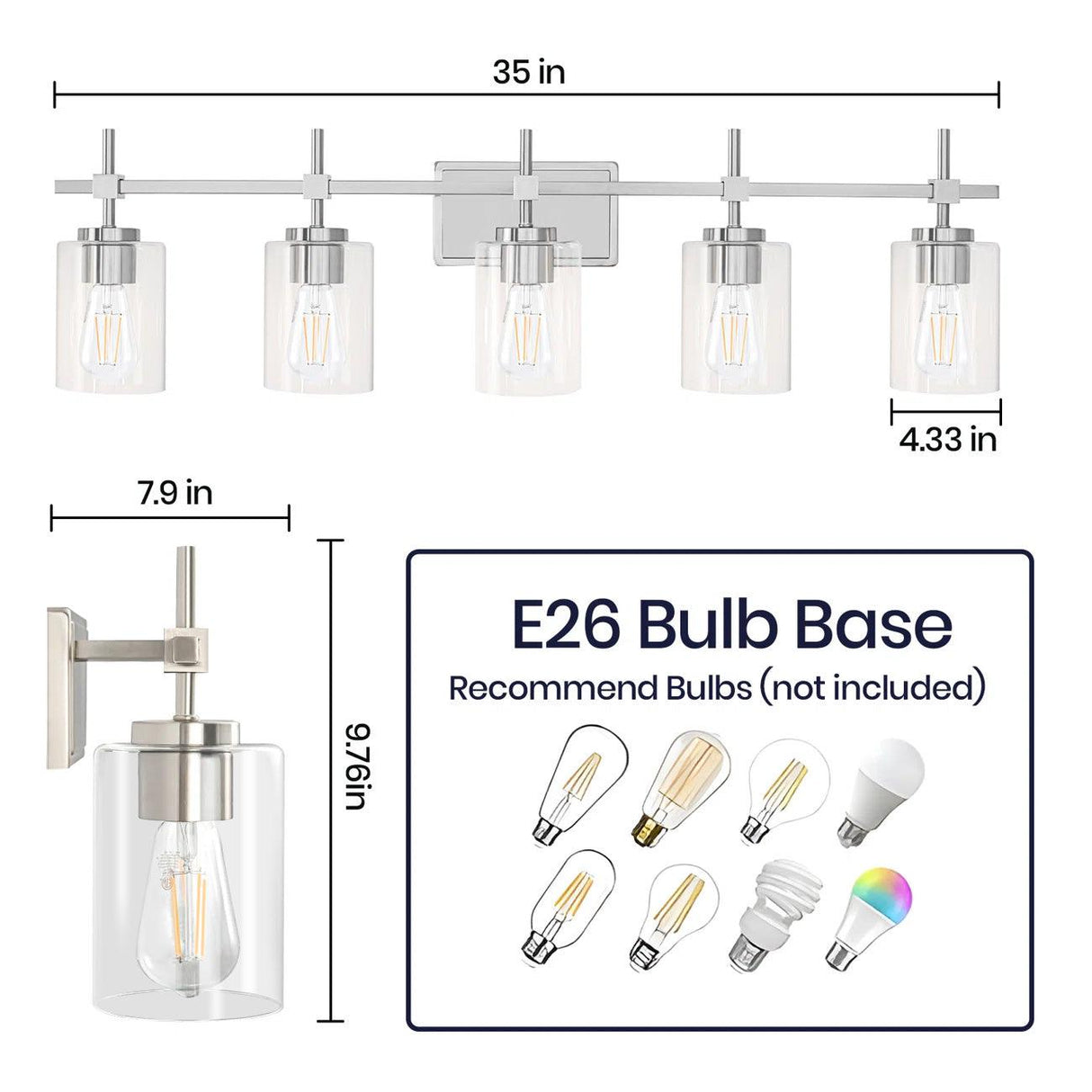 Jasper Modern Brushed Nickel & Black Clear Glass 5-Light Bathroom Linear Vanity Light-壁灯-Parc Decor
