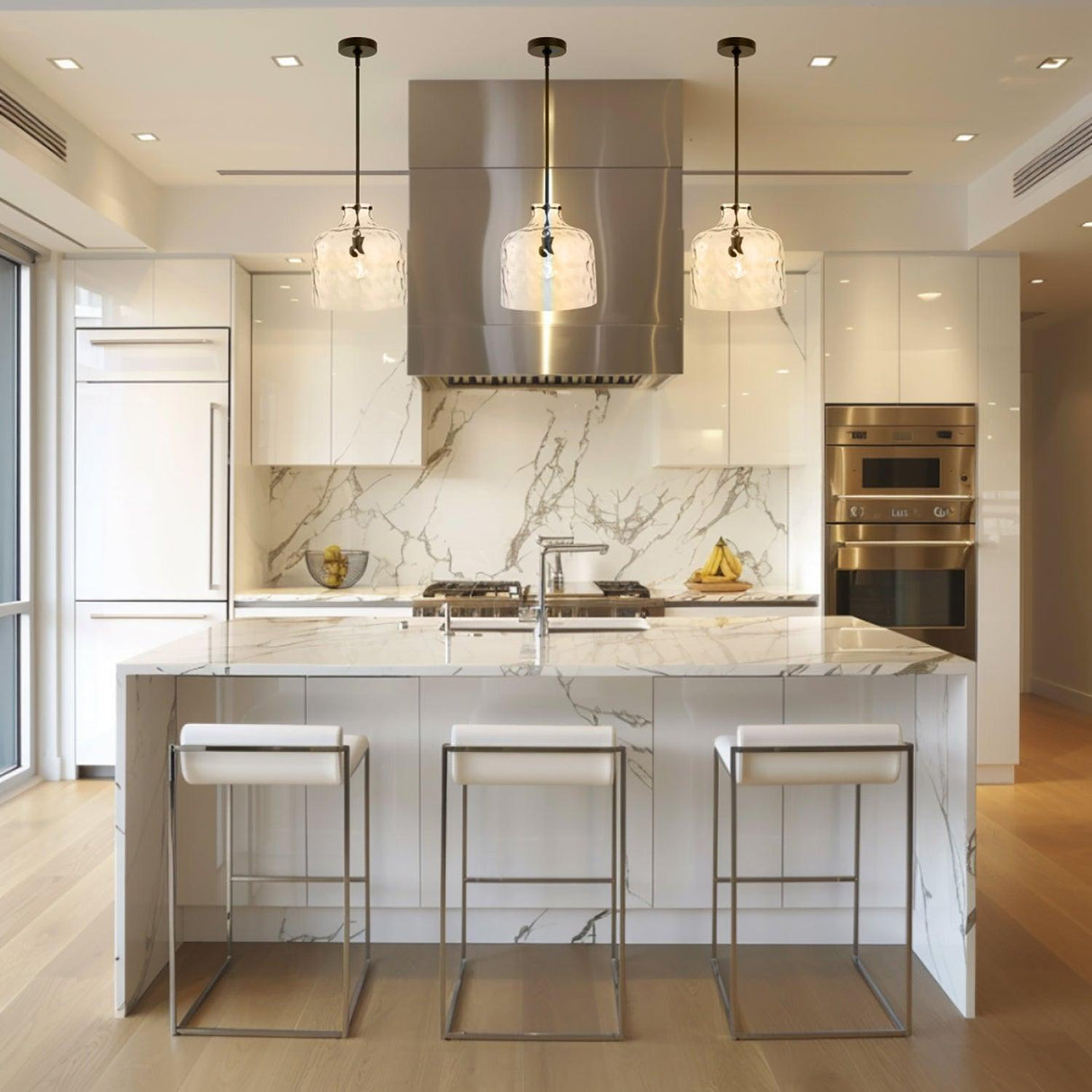 Kara Farmhouse 1-Light Textured Glass Nickel Island Pendant Light-吊灯-Parc Decor