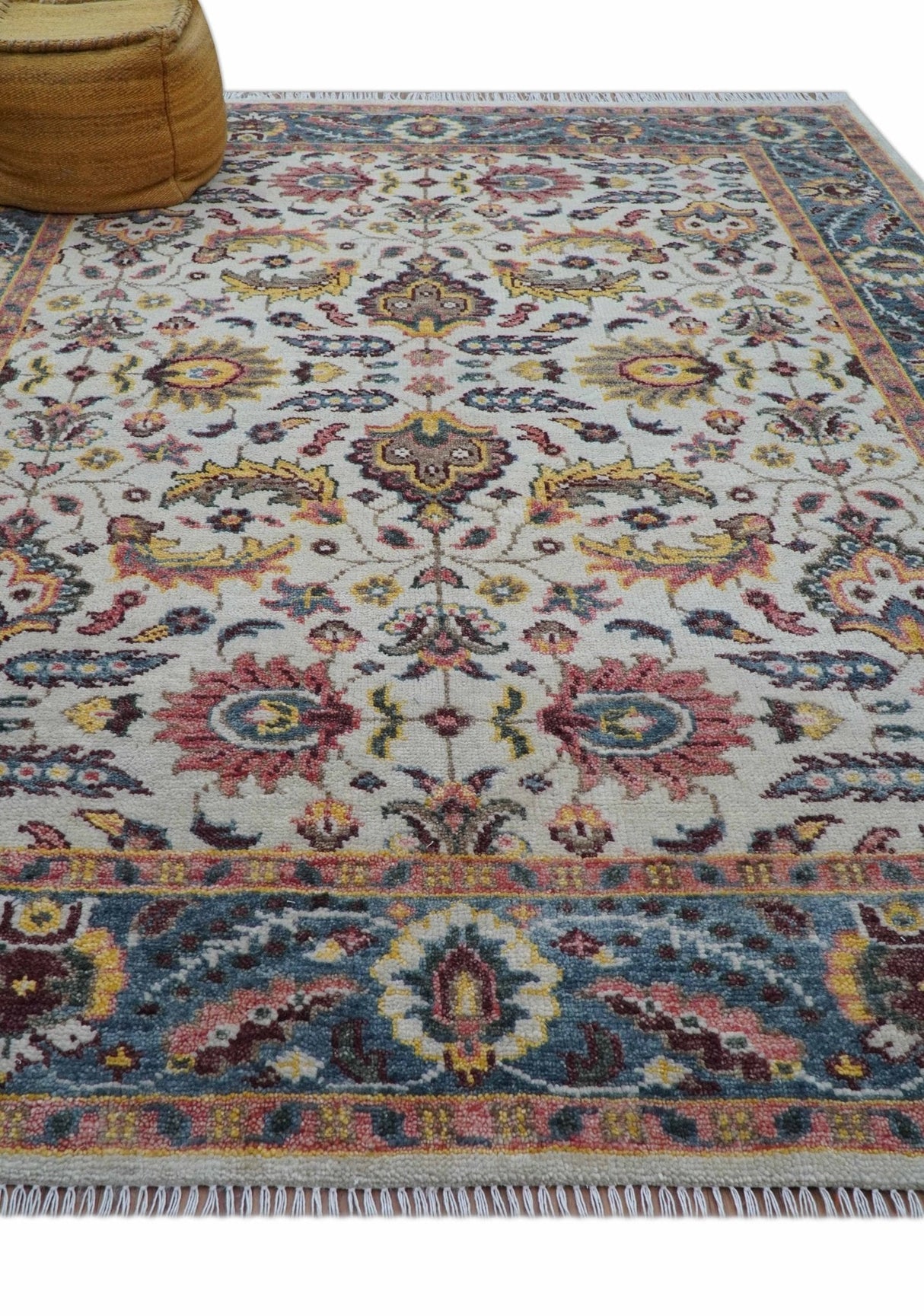 Kelly Turkish Design Ivory And Blue Hand Knotted Wool Rug