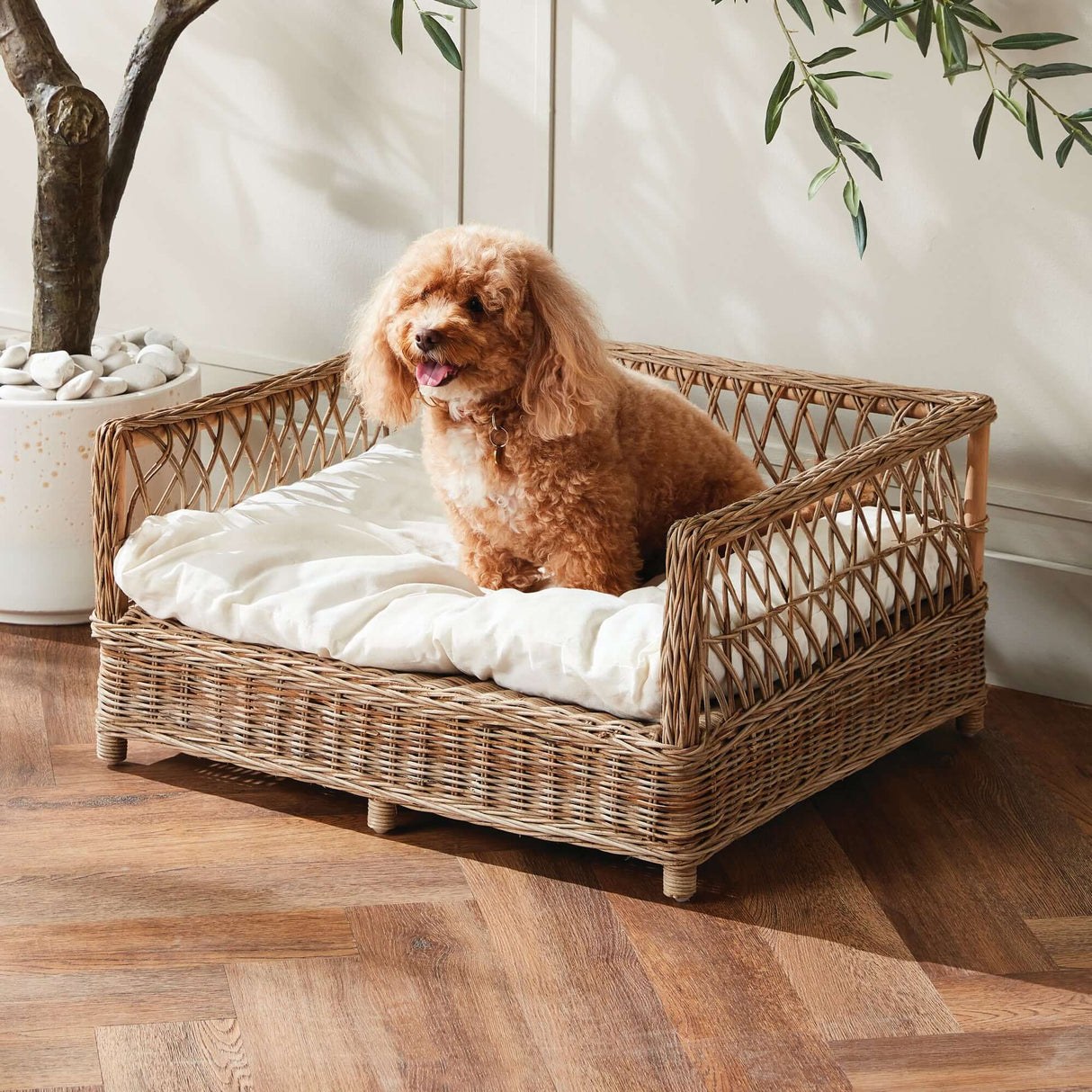 Large Vintage Woven Rattan Dog Bed with Cushion-pet bed-Parc Decor
