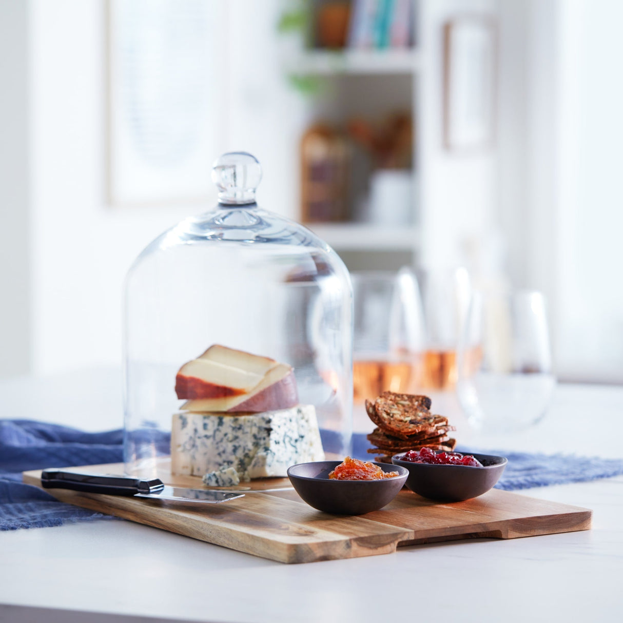 Libbey Acaciawood 4 Piece Cheese Board Serving Set with Glass Dome
